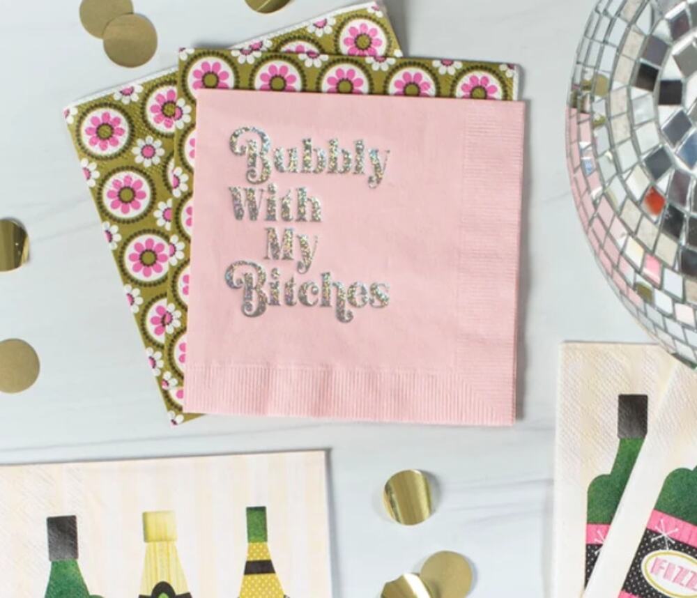 Bubbly With My Bitches Cocktail Napkins Set 20 Pink Foil Girls Night NEW